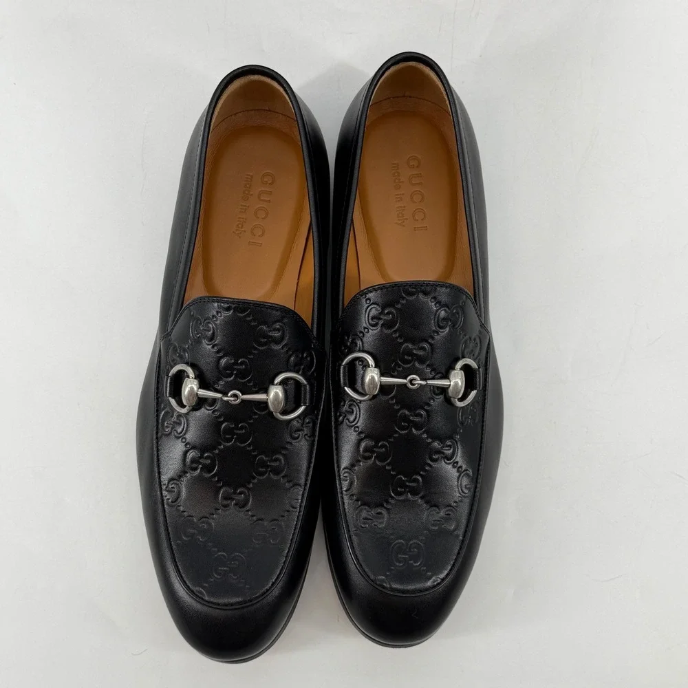 Gucci Mens Real Betis GG Monogram Horsebit Loafers Black Leather Size 7